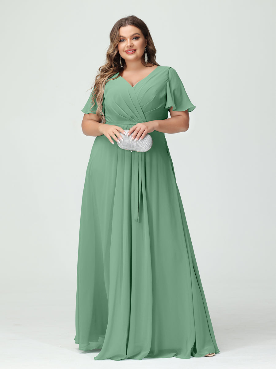A-Line/Princess V-Neck Short Sleeves Chiffon Split Side Plus Size Bridesmaid Dresses with Pockets Belt Eucalyptus