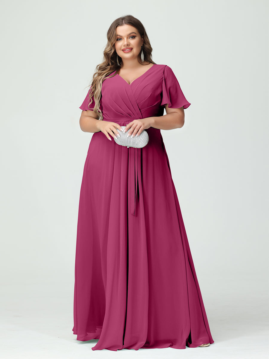 A-Line/Princess V-Neck Short Sleeves Chiffon Split Side Plus Size Bridesmaid Dresses with Pockets Belt Fuchsia