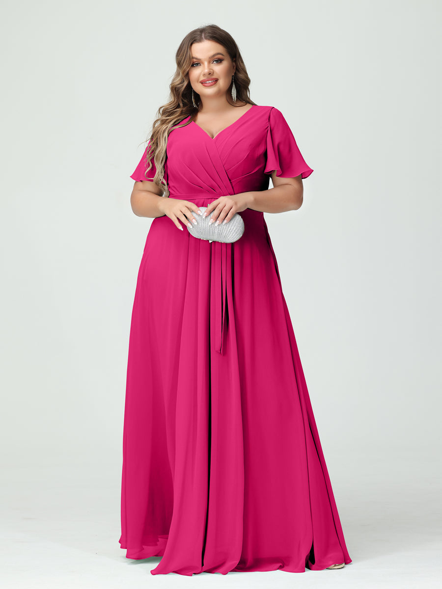 A-Line/Princess V-Neck Short Sleeves Chiffon Split Side Plus Size Bridesmaid Dresses with Pockets Belt Fuchsia Pink