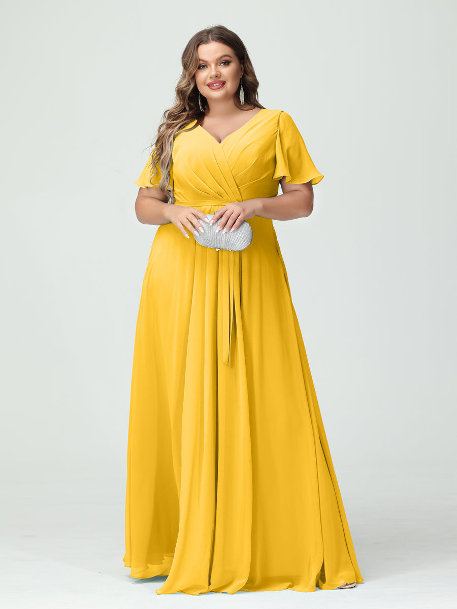 A-Line/Princess V-Neck Short Sleeves Chiffon Split Side Plus Size Bridesmaid Dresses with Pockets Belt Gold