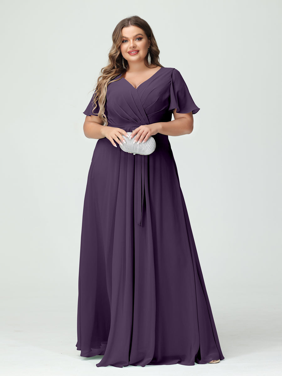 A-Line/Princess V-Neck Short Sleeves Chiffon Split Side Plus Size Bridesmaid Dresses with Pockets Belt Grape
