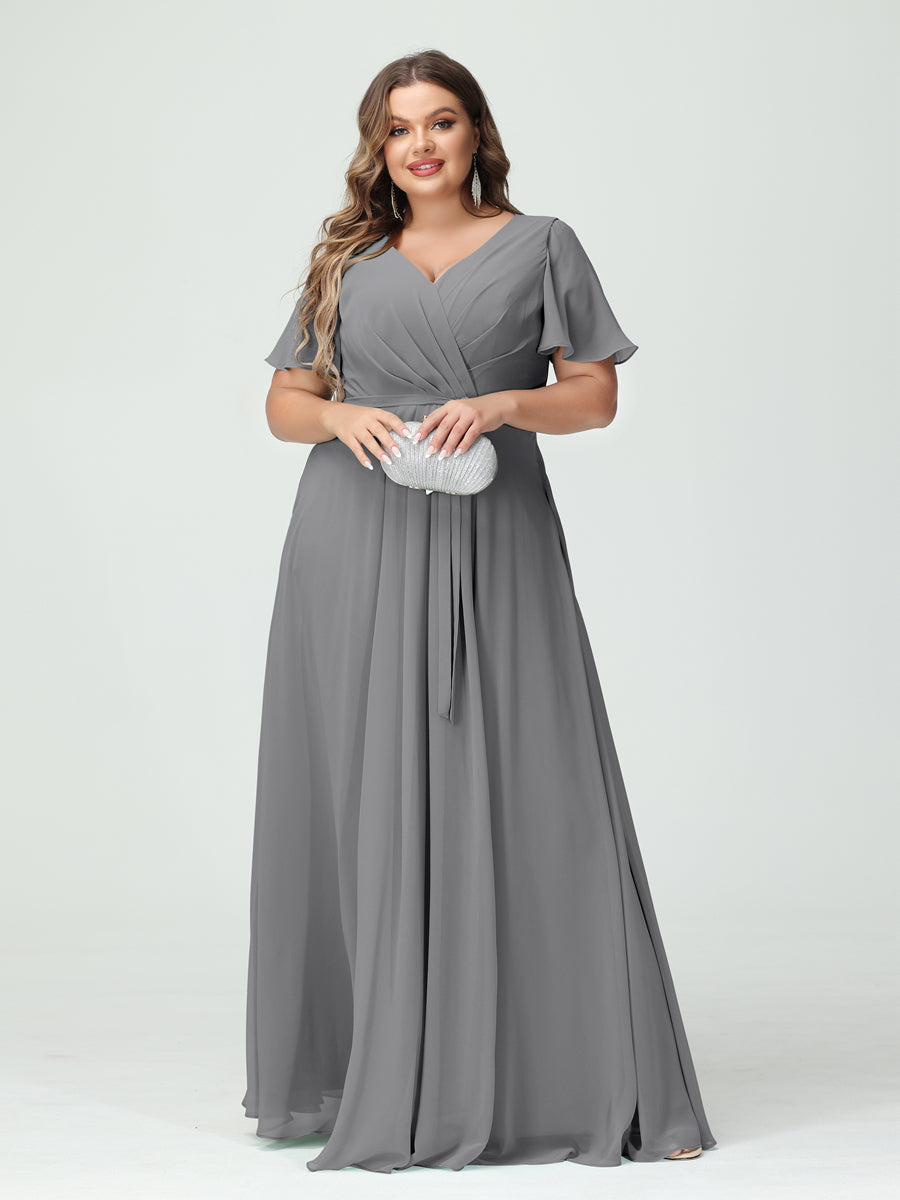 A-Line/Princess V-Neck Short Sleeves Chiffon Split Side Plus Size Bridesmaid Dresses with Pockets Belt Gray