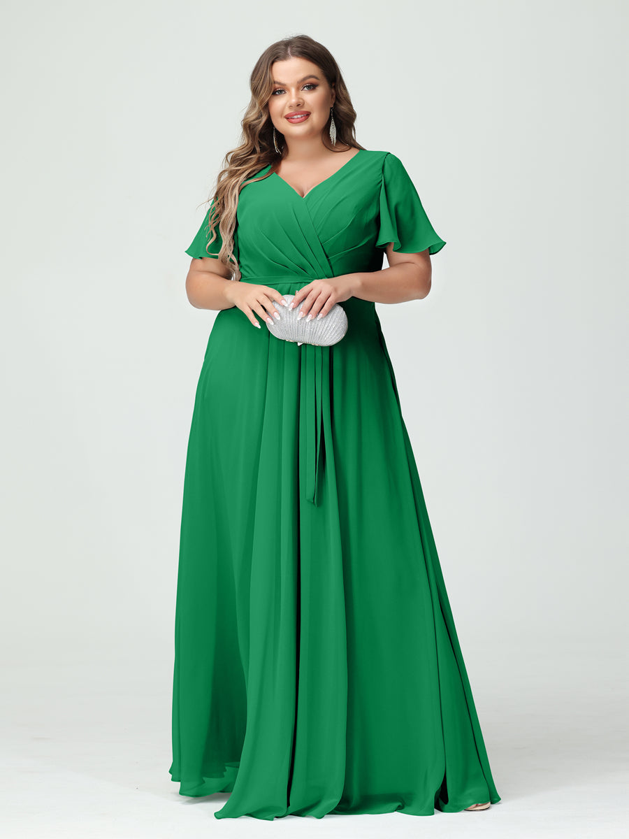 A-Line/Princess V-Neck Short Sleeves Chiffon Split Side Plus Size Bridesmaid Dresses with Pockets Belt Green