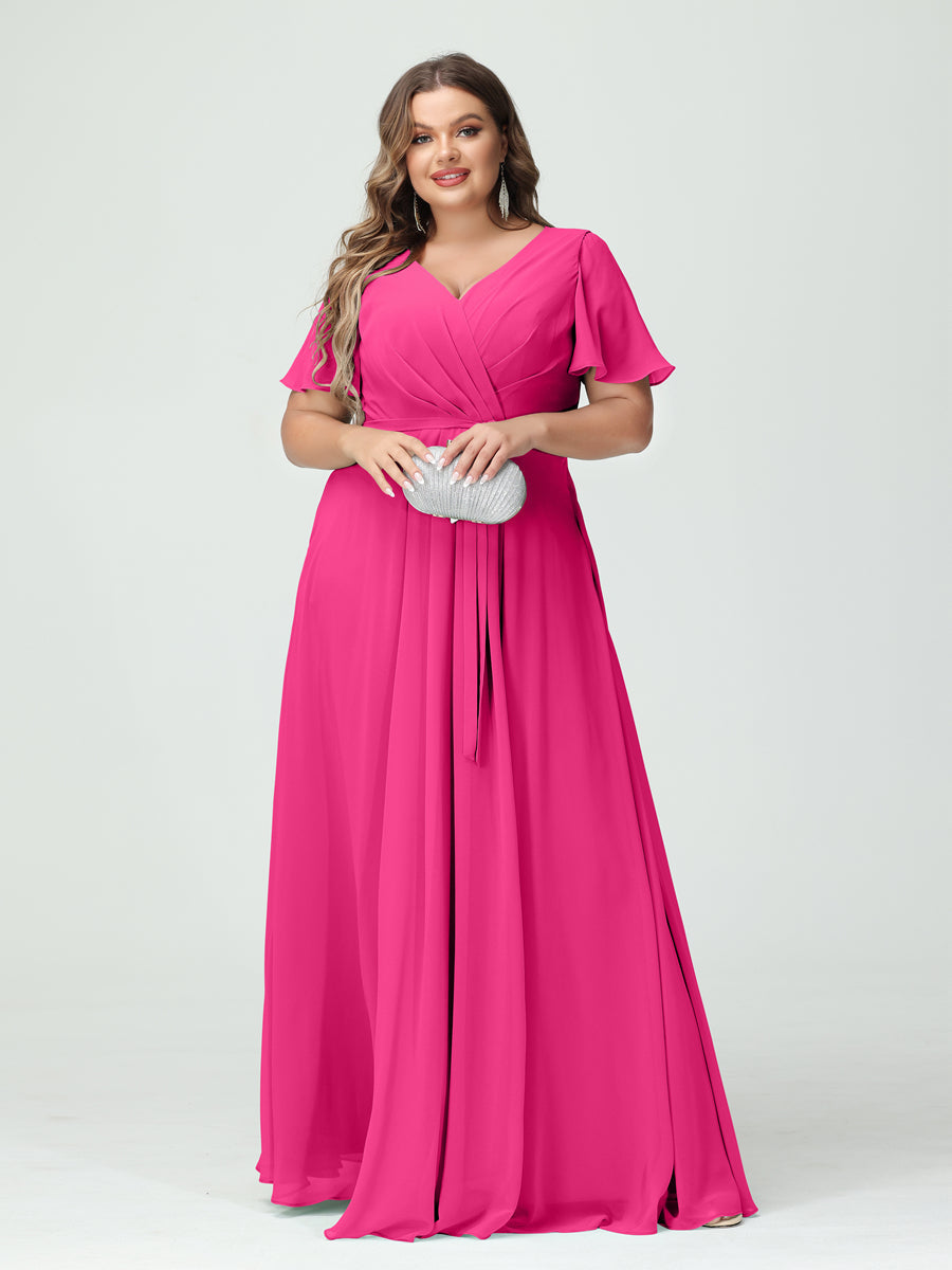 A-Line/Princess V-Neck Short Sleeves Chiffon Split Side Plus Size Bridesmaid Dresses with Pockets Belt Hot Pink