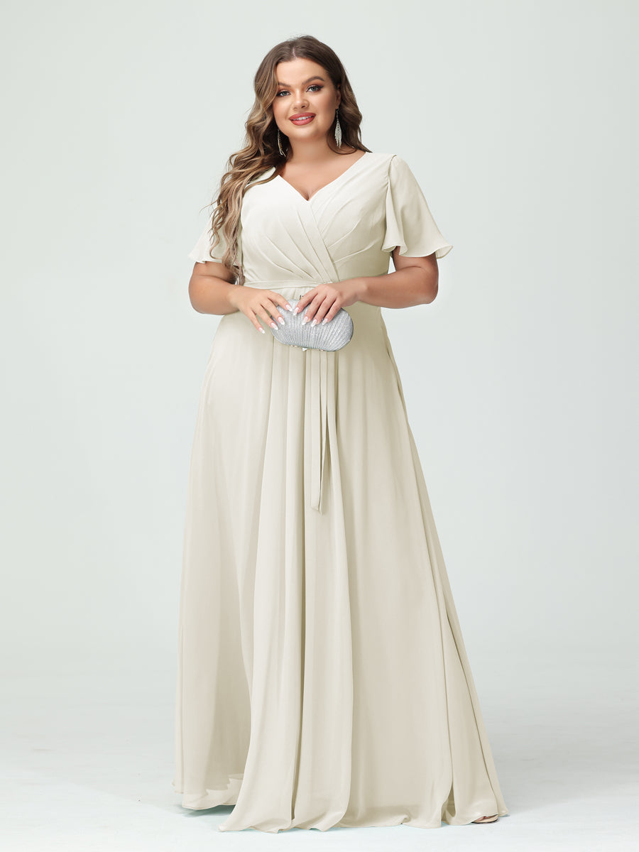 A-Line/Princess V-Neck Short Sleeves Chiffon Split Side Plus Size Bridesmaid Dresses with Pockets Belt Ivory