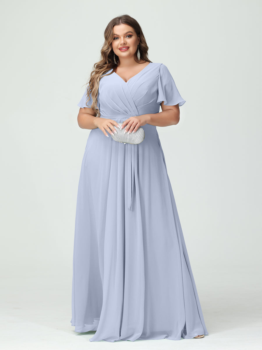A-Line/Princess V-Neck Short Sleeves Chiffon Split Side Plus Size Bridesmaid Dresses with Pockets Belt Lavender