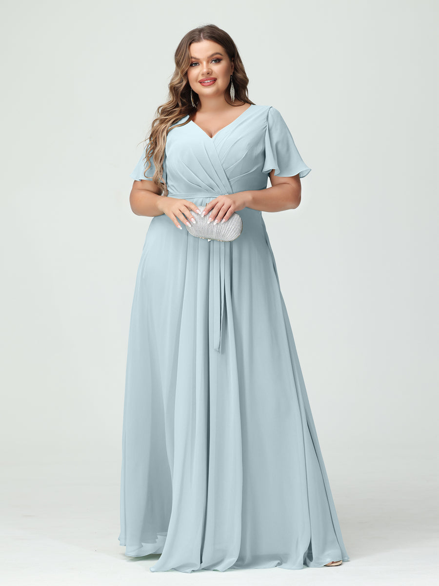 A-Line/Princess V-Neck Short Sleeves Chiffon Split Side Plus Size Bridesmaid Dresses with Pockets Belt Light Blue