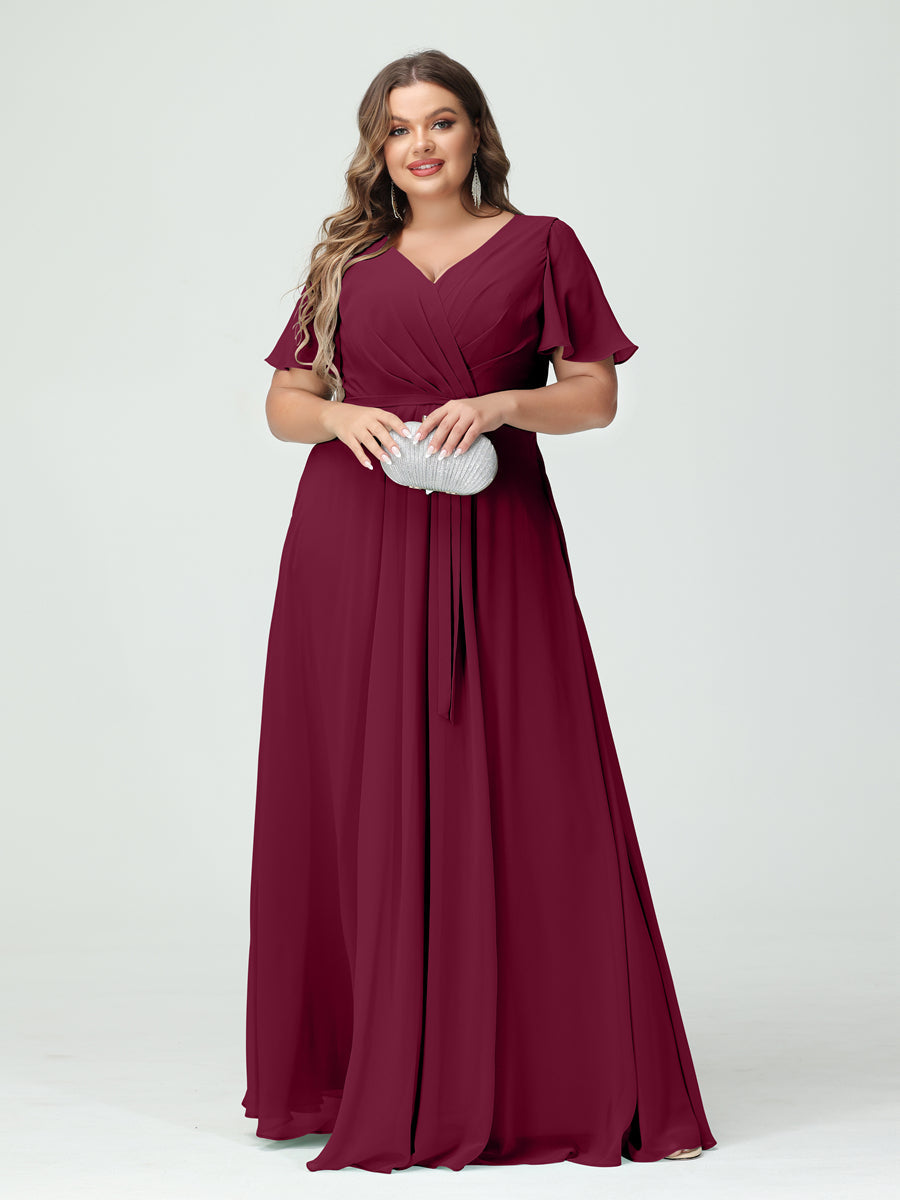 A-Line/Princess V-Neck Short Sleeves Chiffon Split Side Plus Size Bridesmaid Dresses with Pockets Belt Light Burgundy
