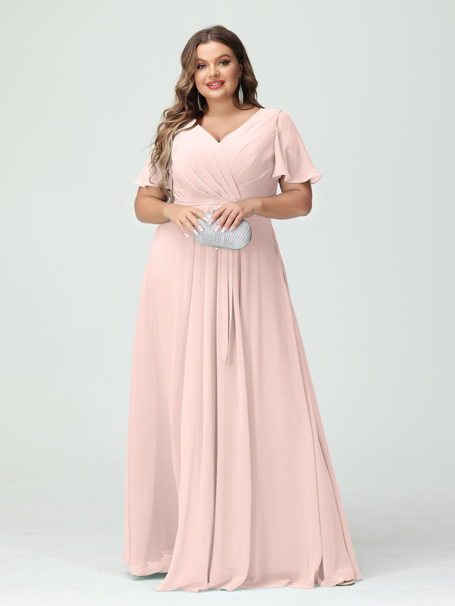 A-Line/Princess V-Neck Short Sleeves Chiffon Split Side Plus Size Bridesmaid Dresses with Pockets Belt Light Pink