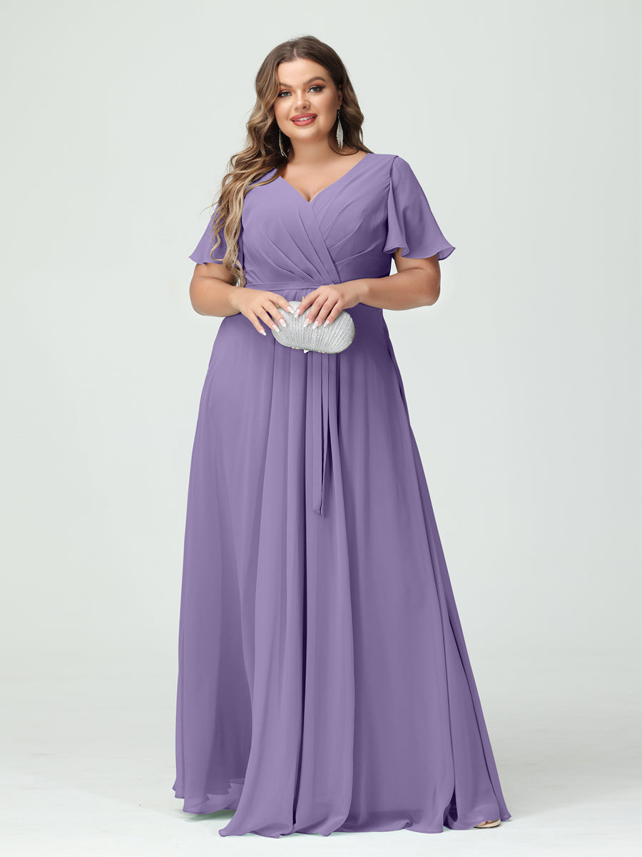 A-Line/Princess V-Neck Short Sleeves Chiffon Split Side Plus Size Bridesmaid Dresses with Pockets Belt Light Purple