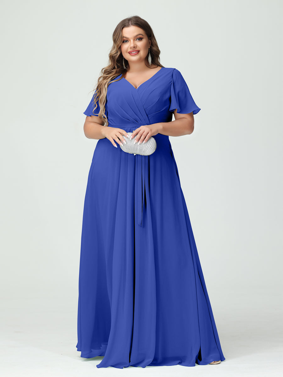 A-Line/Princess V-Neck Short Sleeves Chiffon Split Side Plus Size Bridesmaid Dresses with Pockets Belt Light Royal Blue