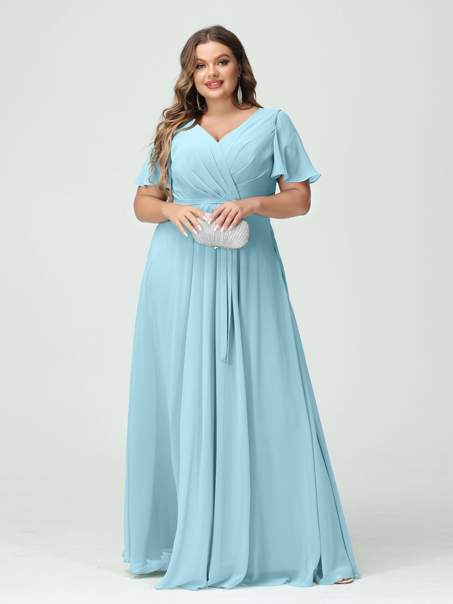 A-Line/Princess V-Neck Short Sleeves Chiffon Split Side Plus Size Bridesmaid Dresses with Pockets Belt Light Sky Blue