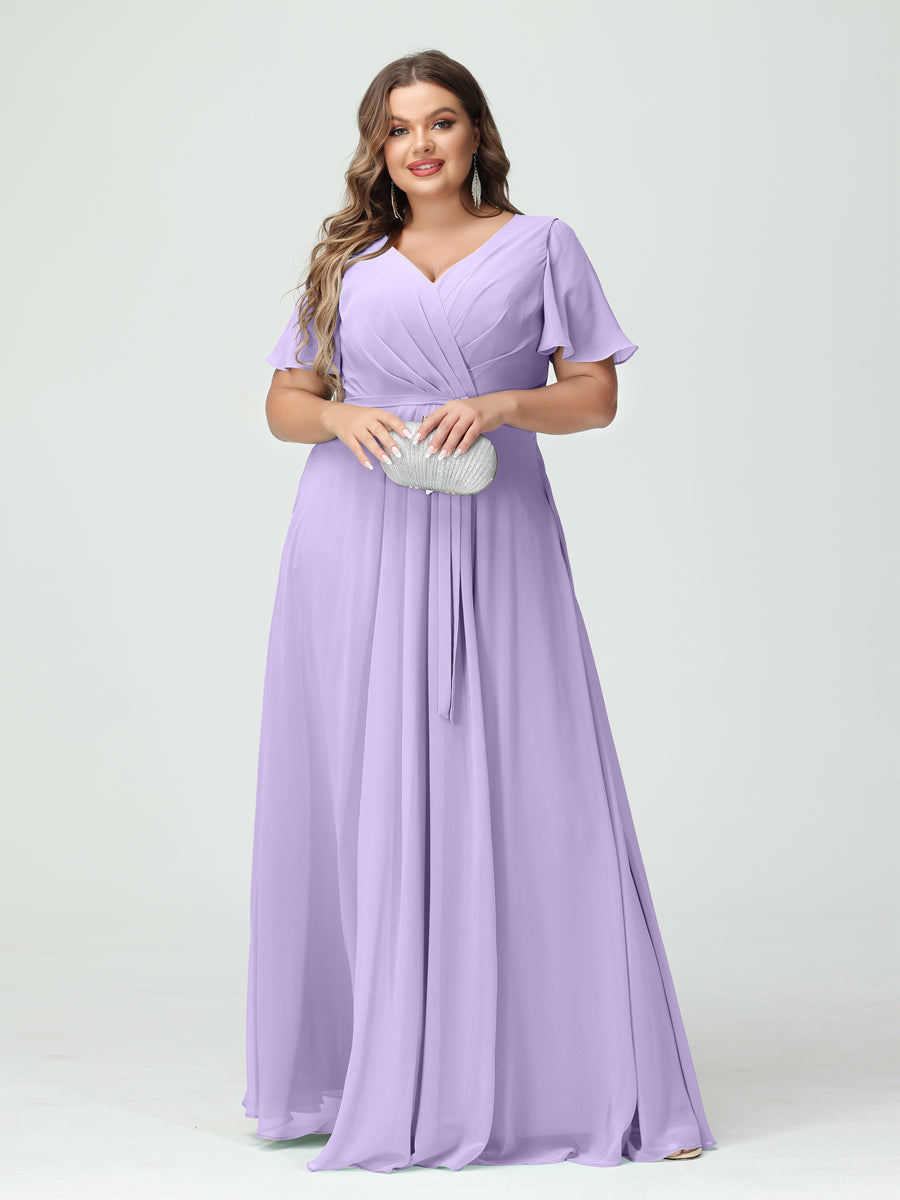 A-Line/Princess V-Neck Short Sleeves Chiffon Split Side Plus Size Bridesmaid Dresses with Pockets Belt Lilac
