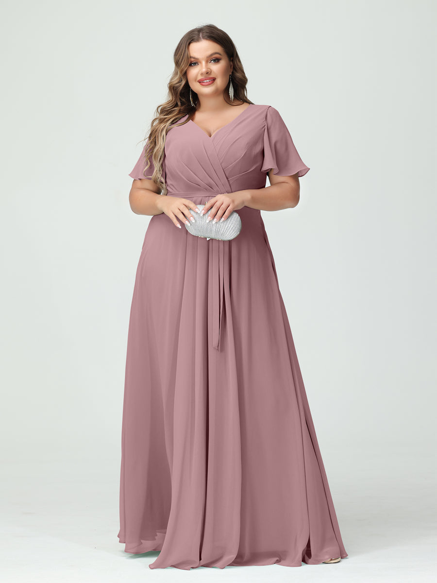 A-Line/Princess V-Neck Short Sleeves Chiffon Split Side Plus Size Bridesmaid Dresses with Pockets Belt Mauve