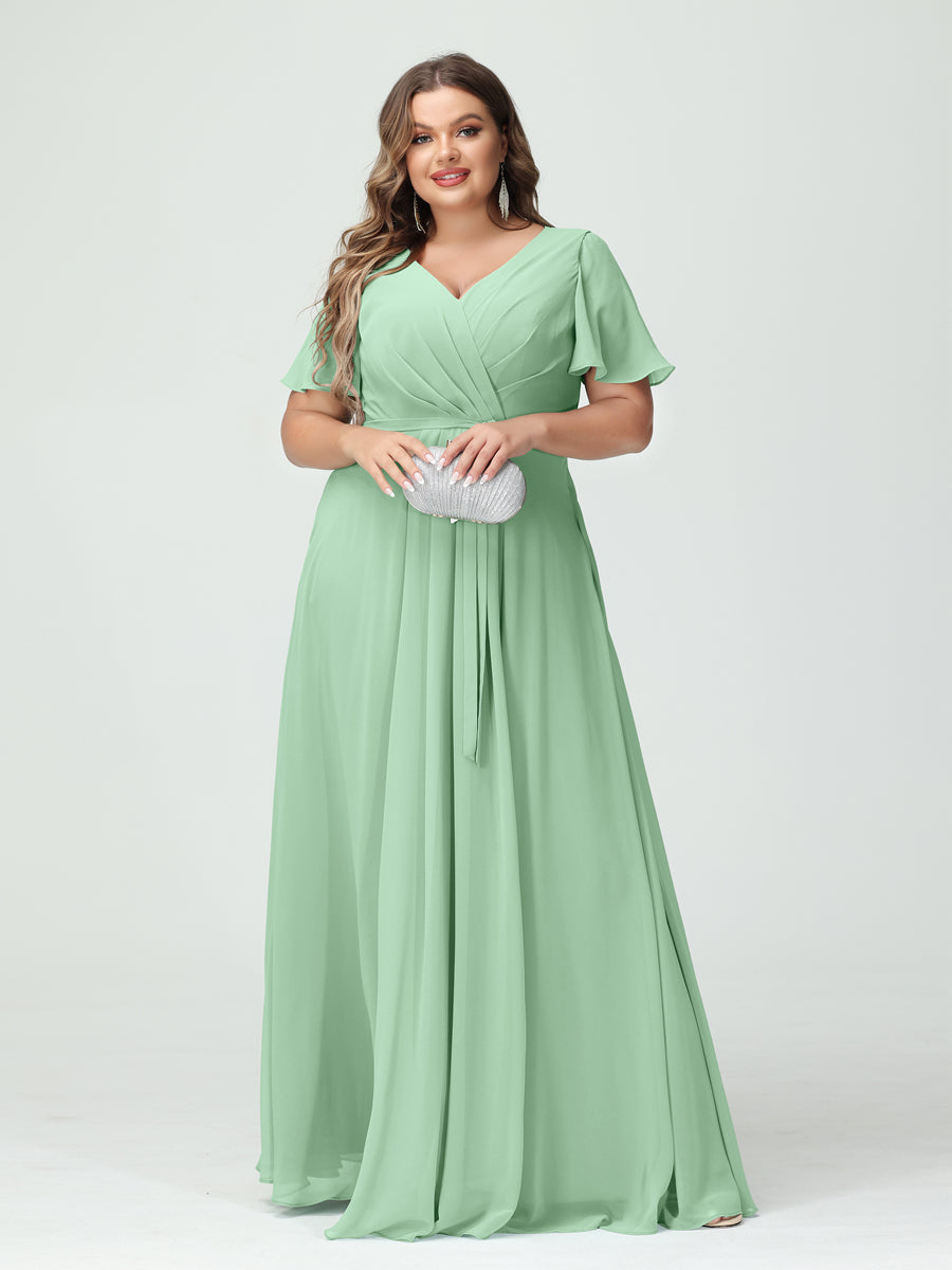 A-Line/Princess V-Neck Short Sleeves Chiffon Split Side Plus Size Bridesmaid Dresses with Pockets Belt Mint Green