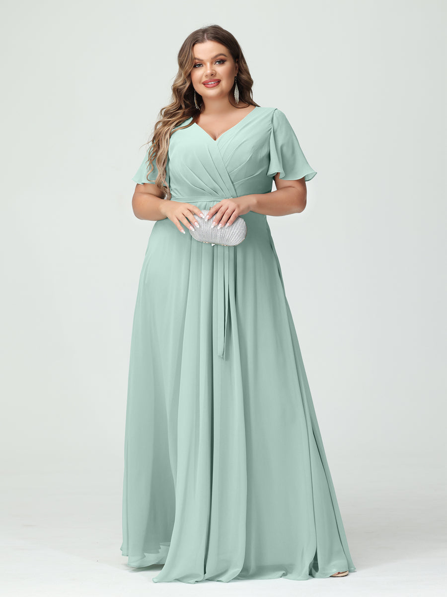A-Line/Princess V-Neck Short Sleeves Chiffon Split Side Plus Size Bridesmaid Dresses with Pockets Belt Mist Blue
