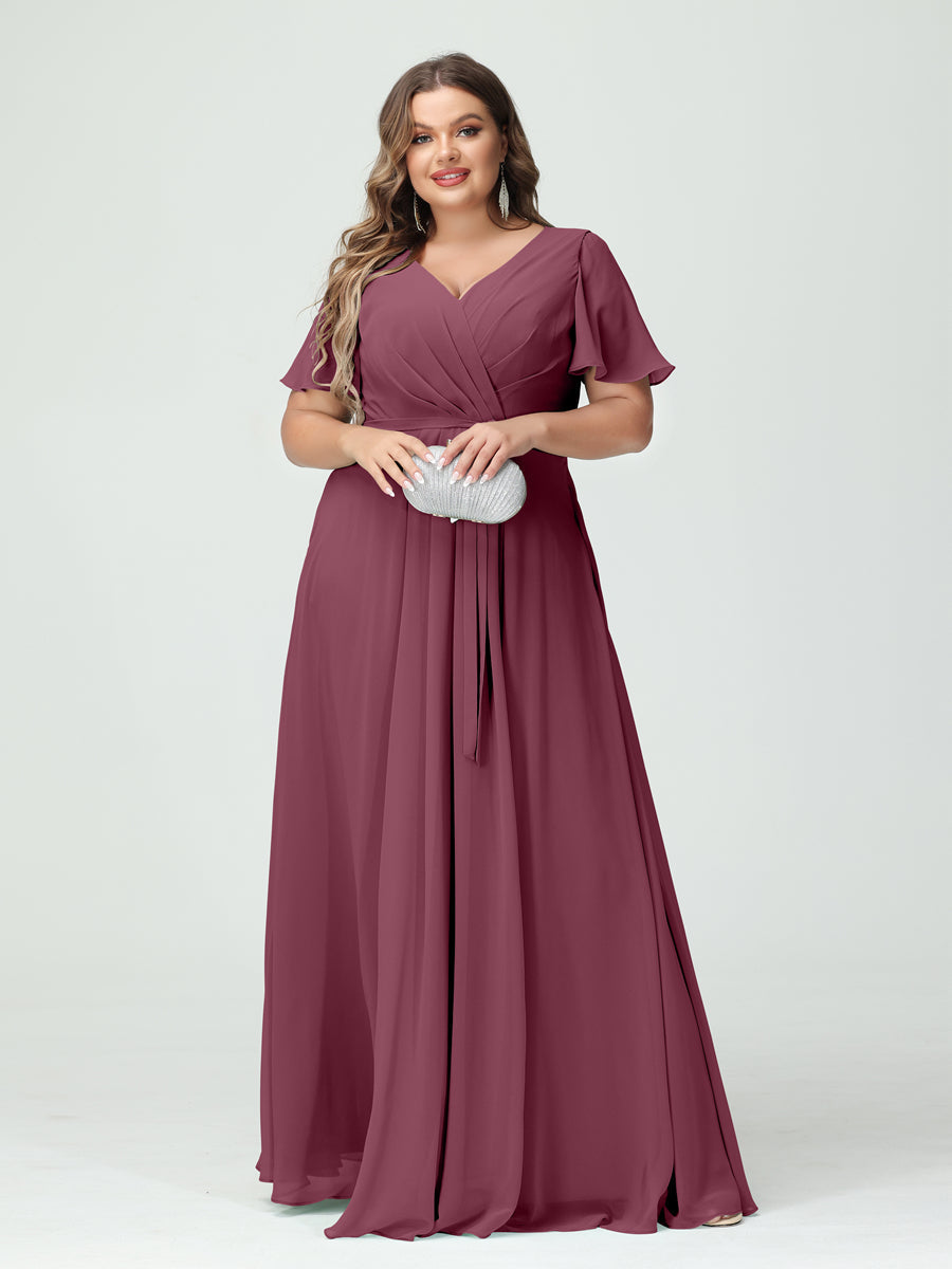 A-Line/Princess V-Neck Short Sleeves Chiffon Split Side Plus Size Bridesmaid Dresses with Pockets Belt Mulberry