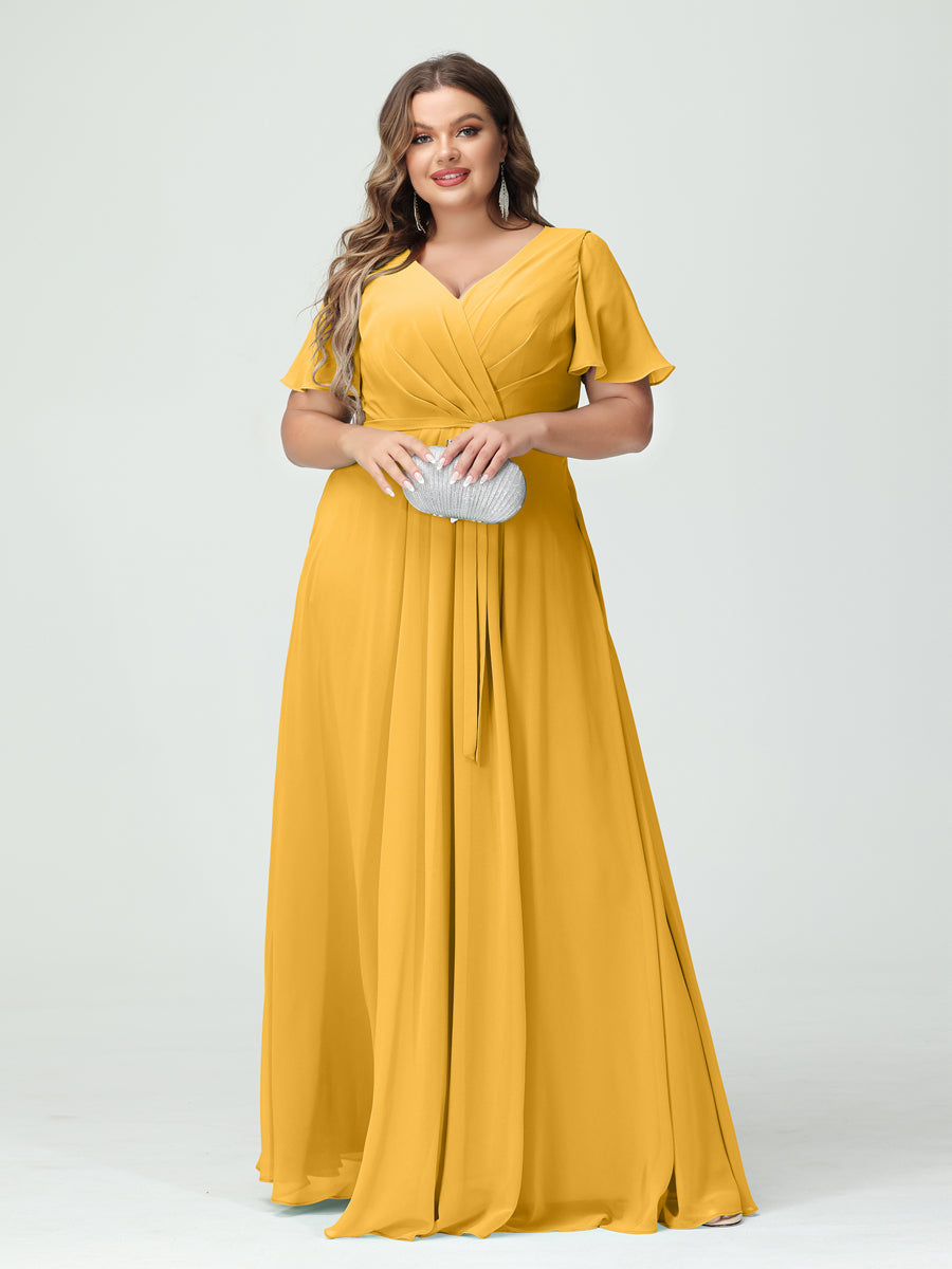 A-Line/Princess V-Neck Short Sleeves Chiffon Split Side Plus Size Bridesmaid Dresses with Pockets Belt Mustard Yellow