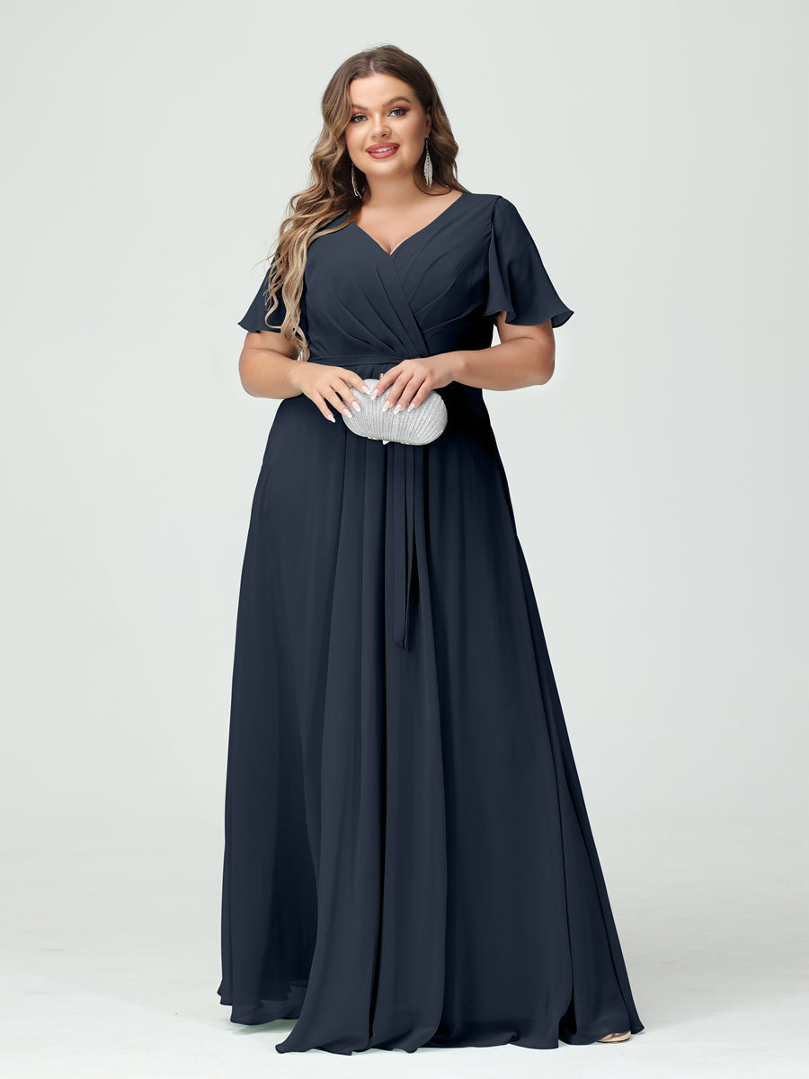 A-Line/Princess V-Neck Short Sleeves Chiffon Split Side Plus Size Bridesmaid Dresses with Pockets Belt Navy Blue