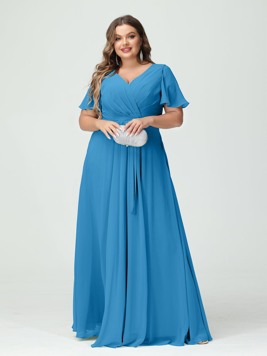 A-Line/Princess V-Neck Short Sleeves Chiffon Split Side Plus Size Bridesmaid Dresses with Pockets Belt Ocean Blue