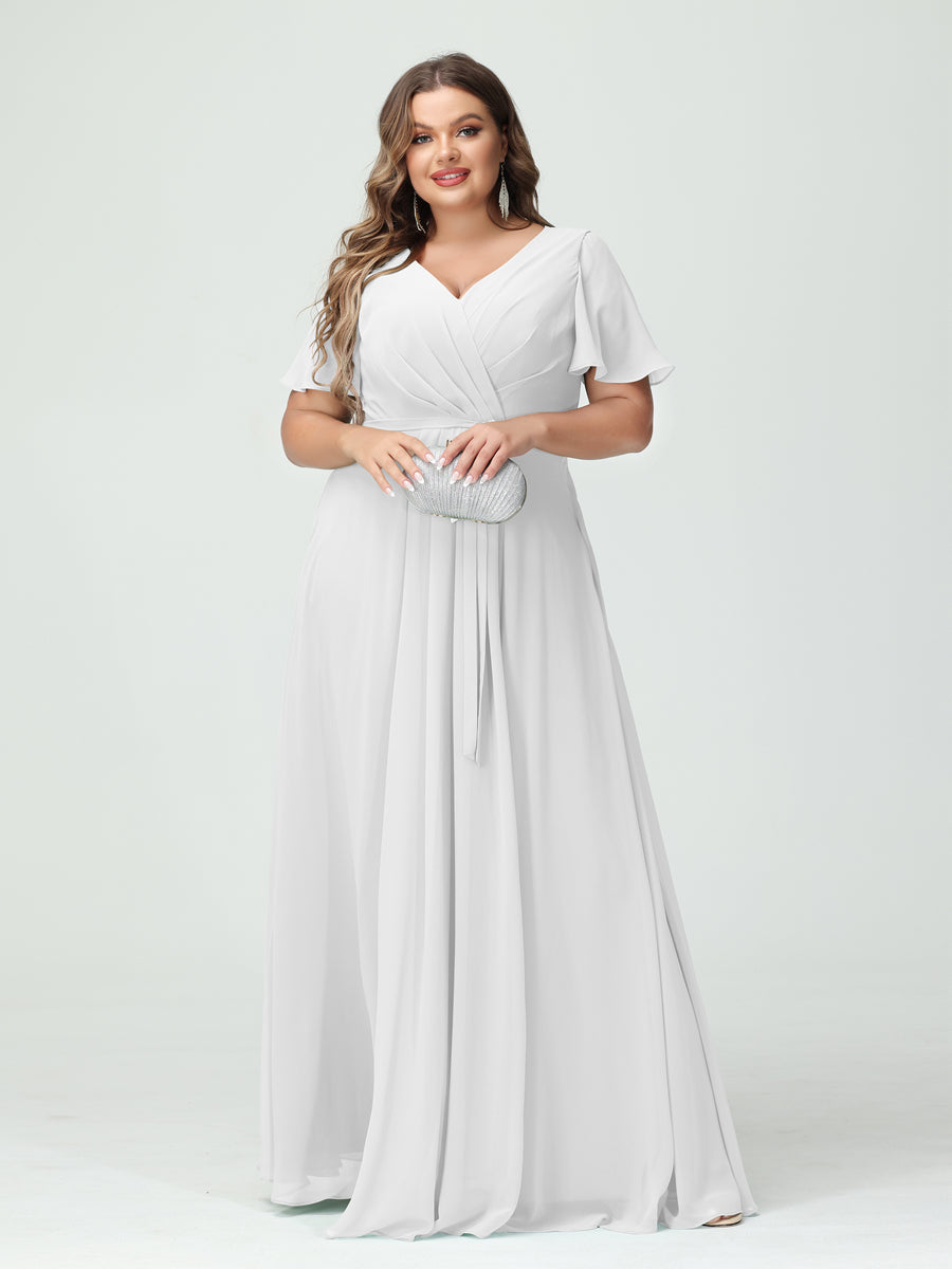 A-Line/Princess V-Neck Short Sleeves Chiffon Split Side Plus Size Bridesmaid Dresses with Pockets Belt Off White
