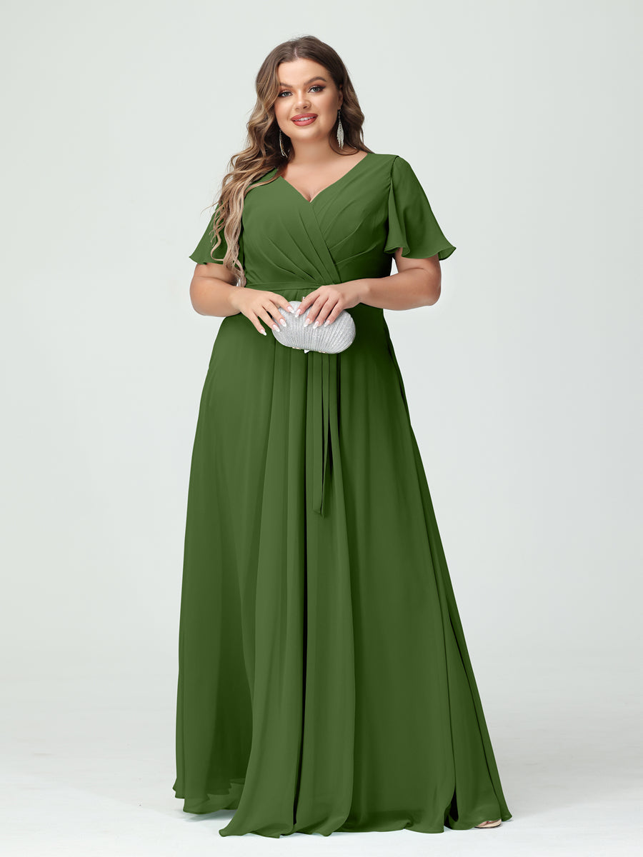 A-Line/Princess V-Neck Short Sleeves Chiffon Split Side Plus Size Bridesmaid Dresses with Pockets Belt Olive Green