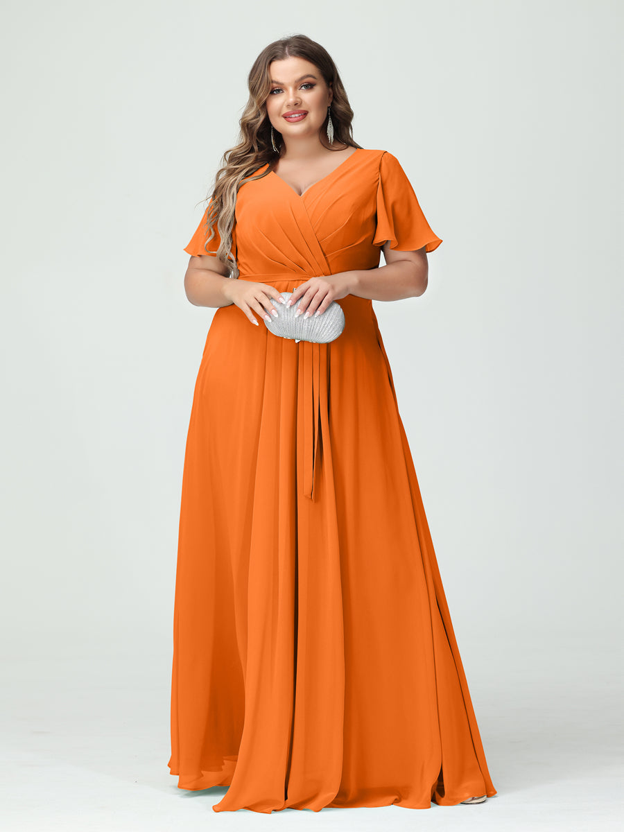 A-Line/Princess V-Neck Short Sleeves Chiffon Split Side Plus Size Bridesmaid Dresses with Pockets Belt Orange