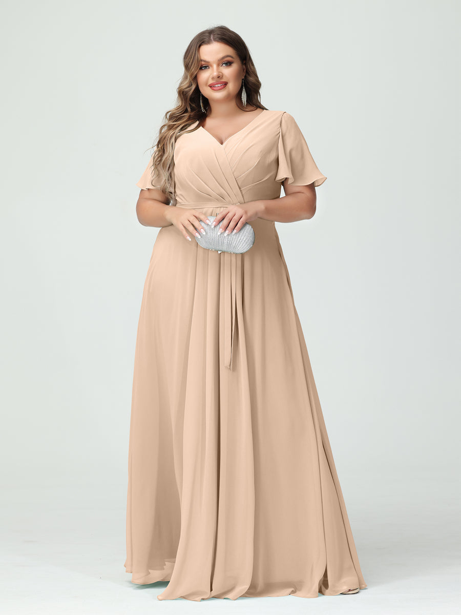 A-Line/Princess V-Neck Short Sleeves Chiffon Split Side Plus Size Bridesmaid Dresses with Pockets Belt Peach Pink