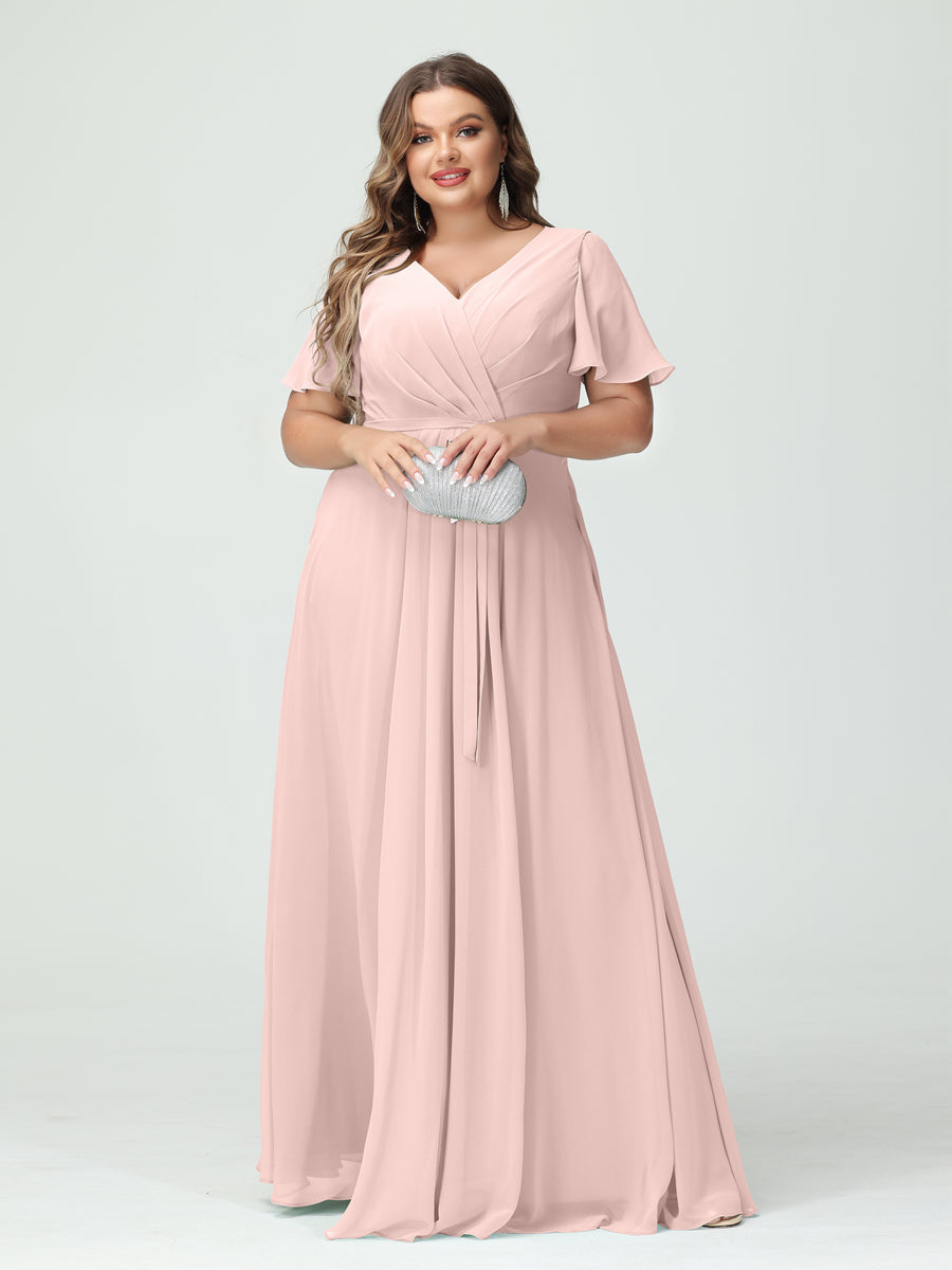A-Line/Princess V-Neck Short Sleeves Chiffon Split Side Plus Size Bridesmaid Dresses with Pockets Belt Pearl Pink