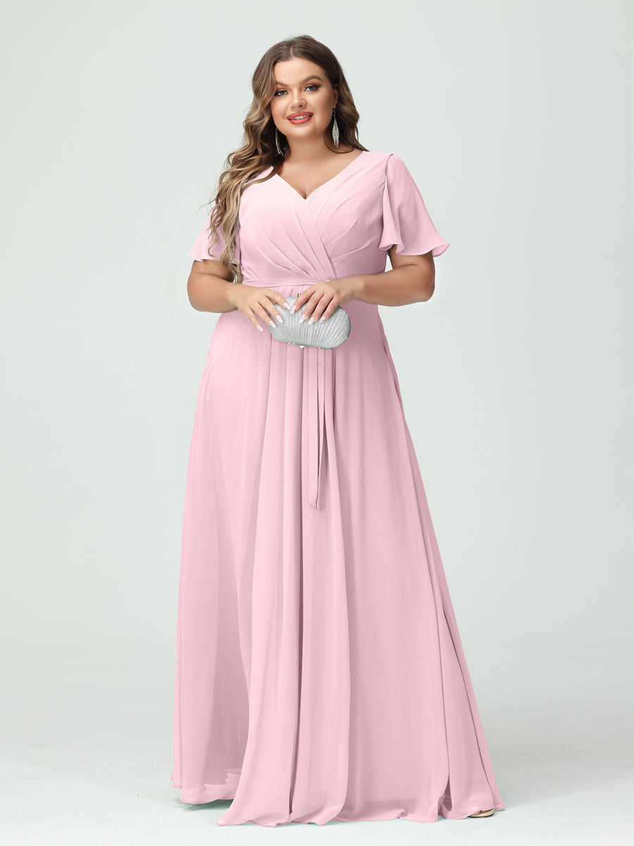 A-Line/Princess V-Neck Short Sleeves Chiffon Split Side Plus Size Bridesmaid Dresses with Pockets Belt Pink