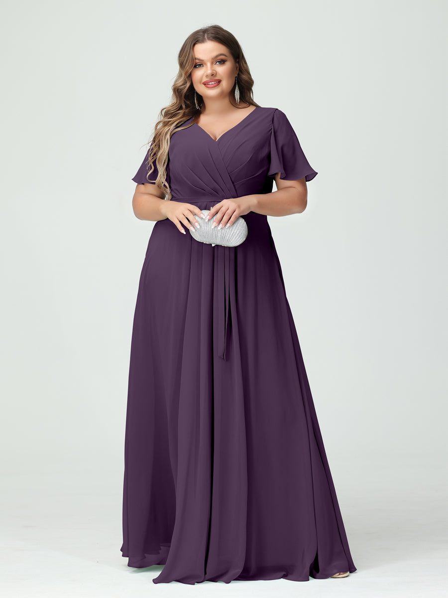 A-Line/Princess V-Neck Short Sleeves Chiffon Split Side Plus Size Bridesmaid Dresses with Pockets Belt Plum