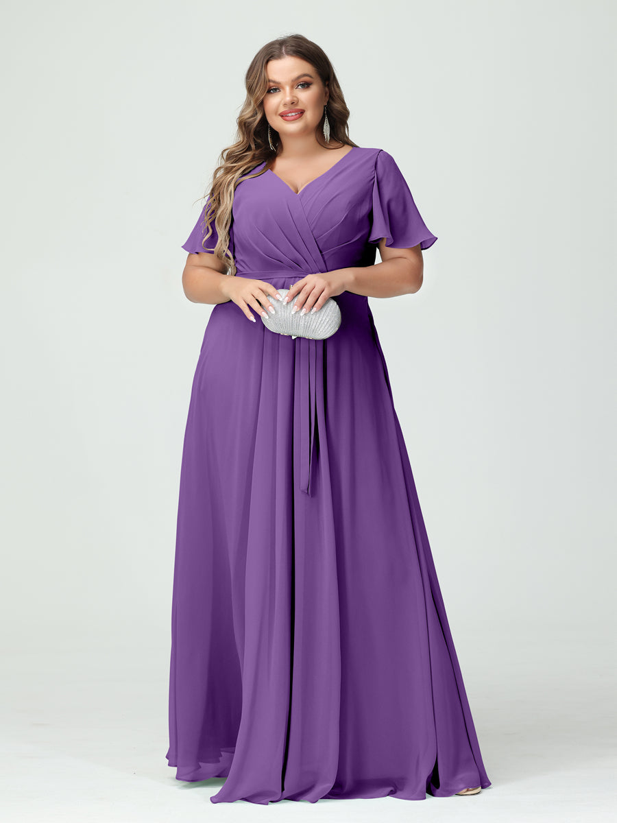 A-Line/Princess V-Neck Short Sleeves Chiffon Split Side Plus Size Bridesmaid Dresses with Pockets Belt Purple