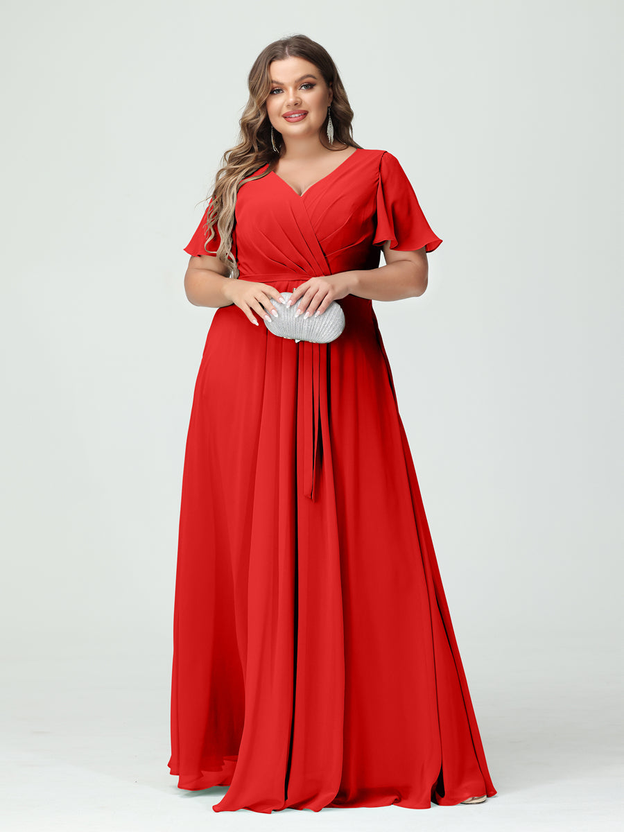 A-Line/Princess V-Neck Short Sleeves Chiffon Split Side Plus Size Bridesmaid Dresses with Pockets Belt Red