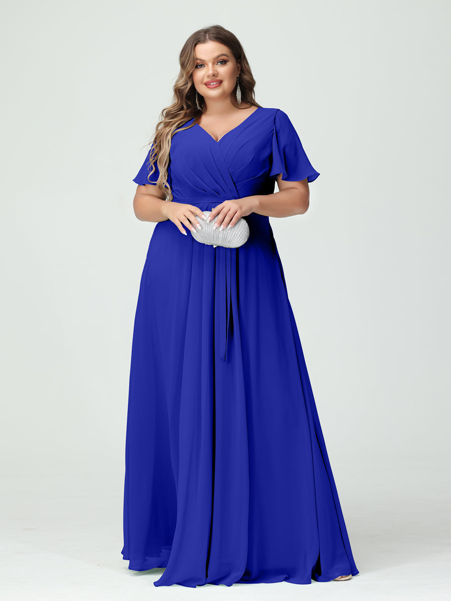 A-Line/Princess V-Neck Short Sleeves Chiffon Split Side Plus Size Bridesmaid Dresses with Pockets Belt Royal Blue