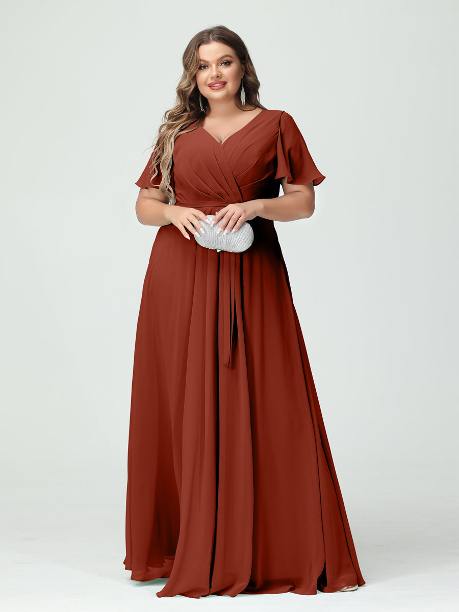 A-Line/Princess V-Neck Short Sleeves Chiffon Split Side Plus Size Bridesmaid Dresses with Pockets Belt Rust
