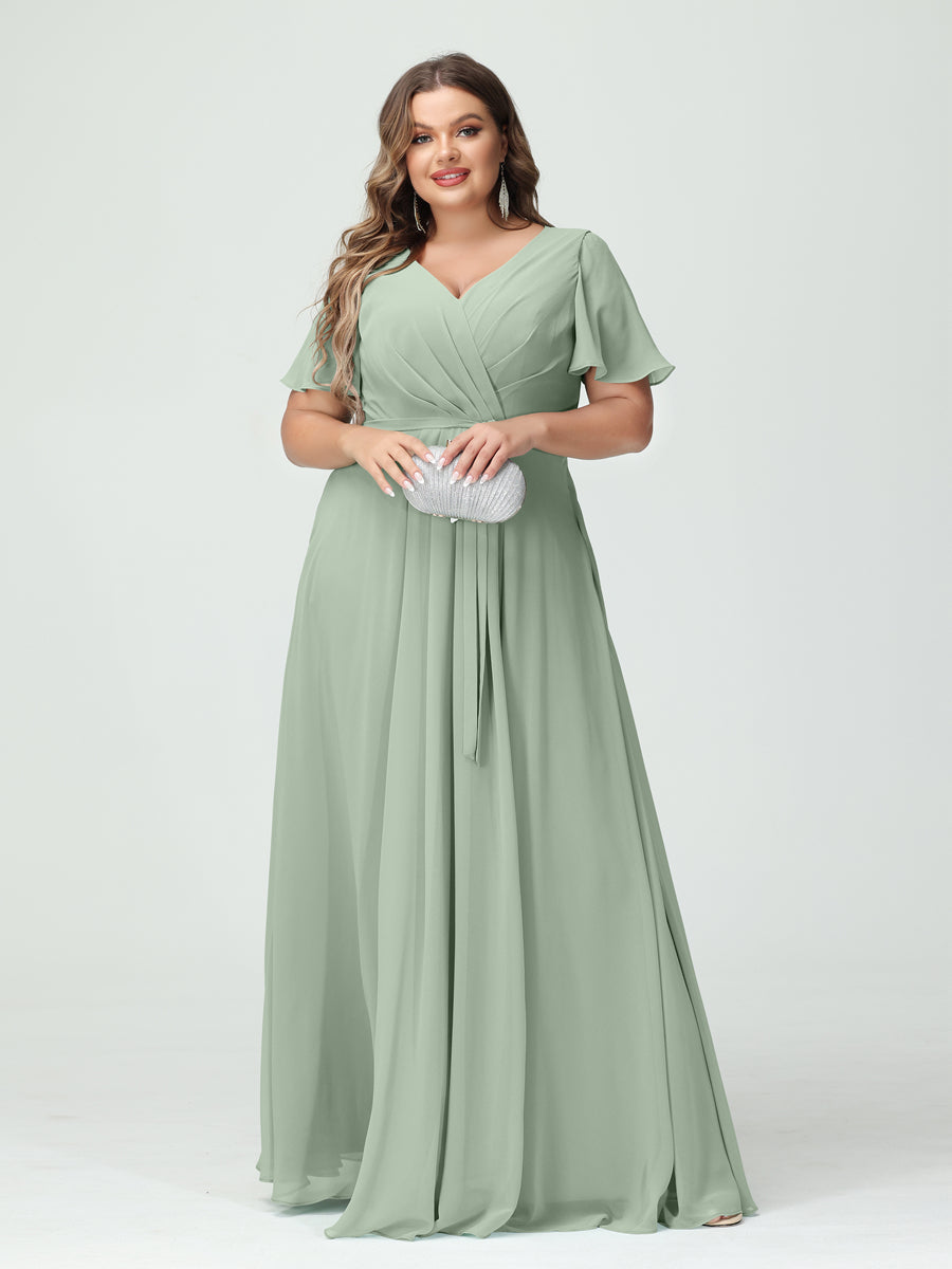 A-Line/Princess V-Neck Short Sleeves Chiffon Split Side Plus Size Bridesmaid Dresses with Pockets Belt Sage