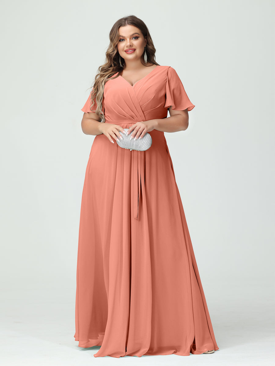 A-Line/Princess V-Neck Short Sleeves Chiffon Split Side Plus Size Bridesmaid Dresses with Pockets Belt Salmon