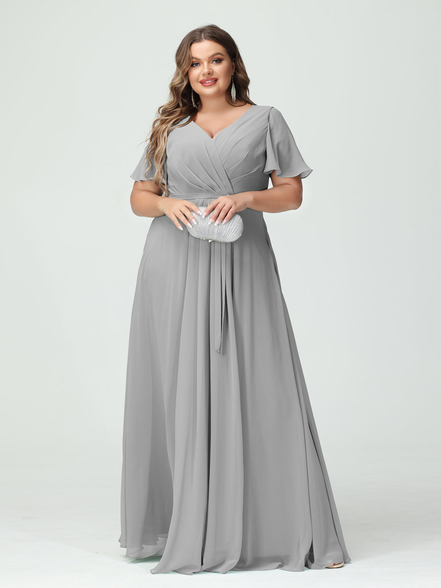 A-Line/Princess V-Neck Short Sleeves Chiffon Split Side Plus Size Bridesmaid Dresses with Pockets Belt Silver