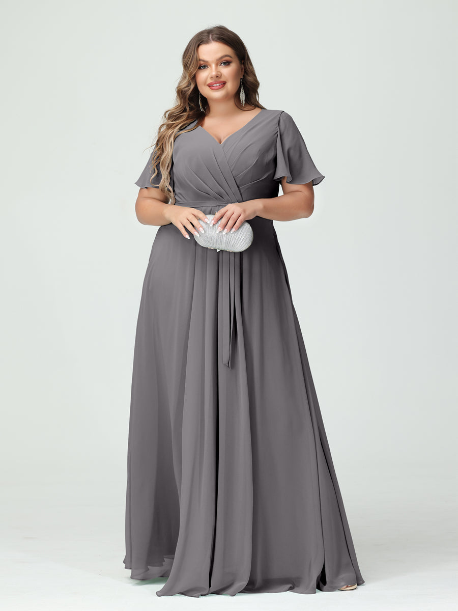 A-Line/Princess V-Neck Short Sleeves Chiffon Split Side Plus Size Bridesmaid Dresses with Pockets Belt Silver Gray