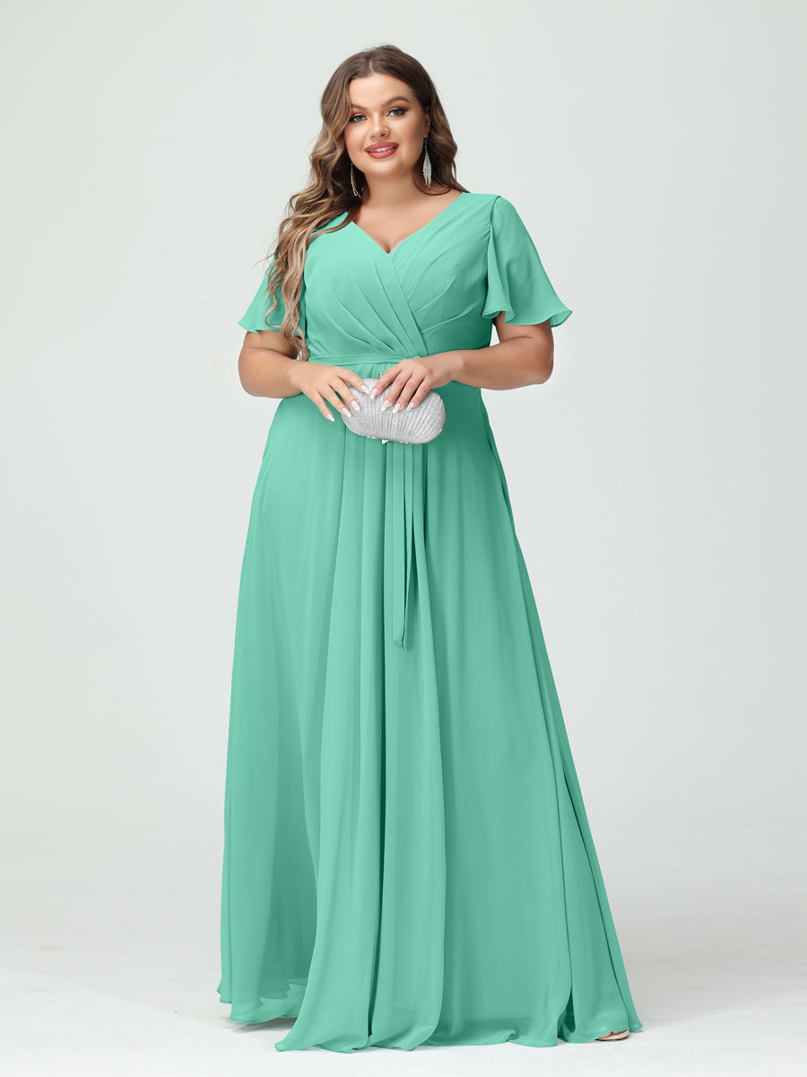 A-Line/Princess V-Neck Short Sleeves Chiffon Split Side Plus Size Bridesmaid Dresses with Pockets Belt Spa