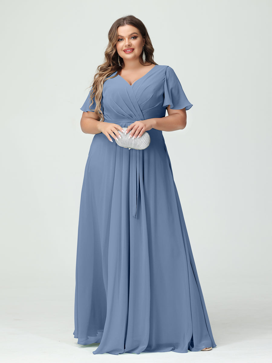A-Line/Princess V-Neck Short Sleeves Chiffon Split Side Plus Size Bridesmaid Dresses with Pockets Belt Steel Blue