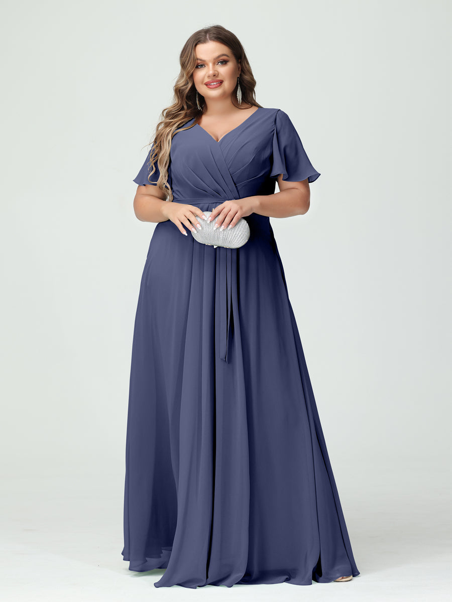 A-Line/Princess V-Neck Short Sleeves Chiffon Split Side Plus Size Bridesmaid Dresses with Pockets Belt Stormy Blue