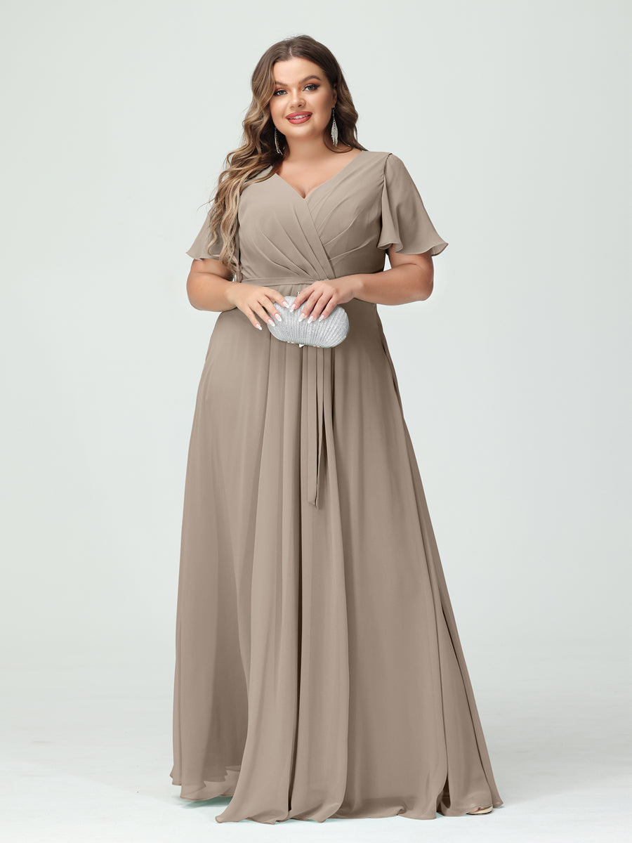 A-Line/Princess V-Neck Short Sleeves Chiffon Split Side Plus Size Bridesmaid Dresses with Pockets Belt Taupe