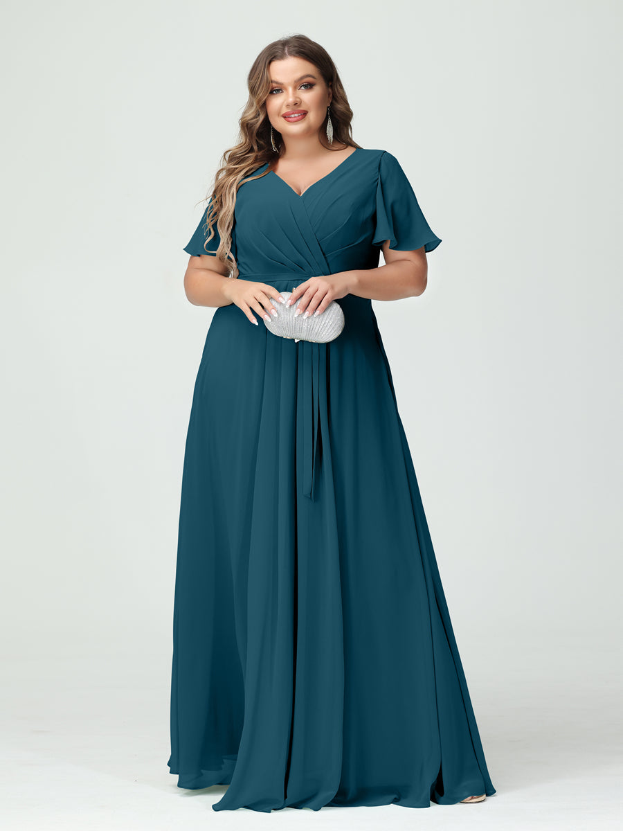 A-Line/Princess V-Neck Short Sleeves Chiffon Split Side Plus Size Bridesmaid Dresses with Pockets Belt Teal