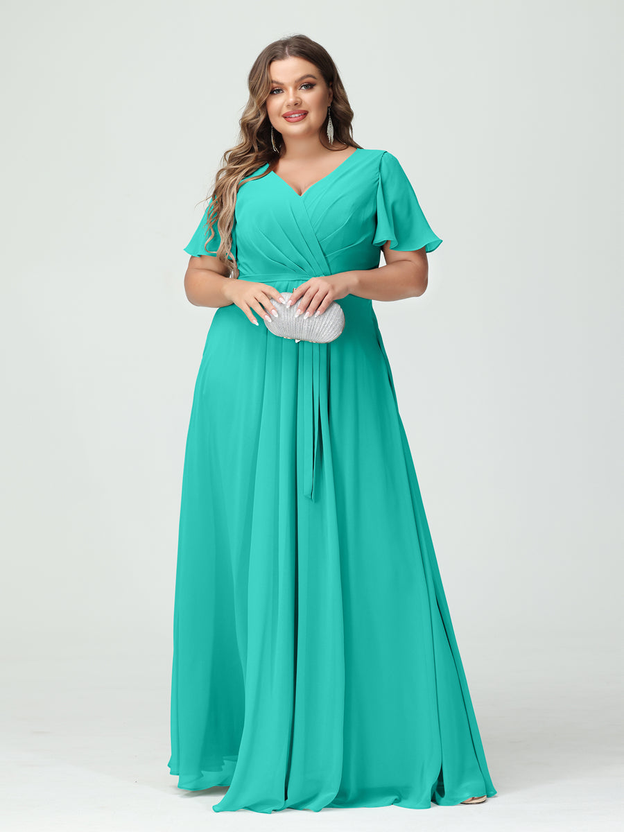 A-Line/Princess V-Neck Short Sleeves Chiffon Split Side Plus Size Bridesmaid Dresses with Pockets Belt Turquoise