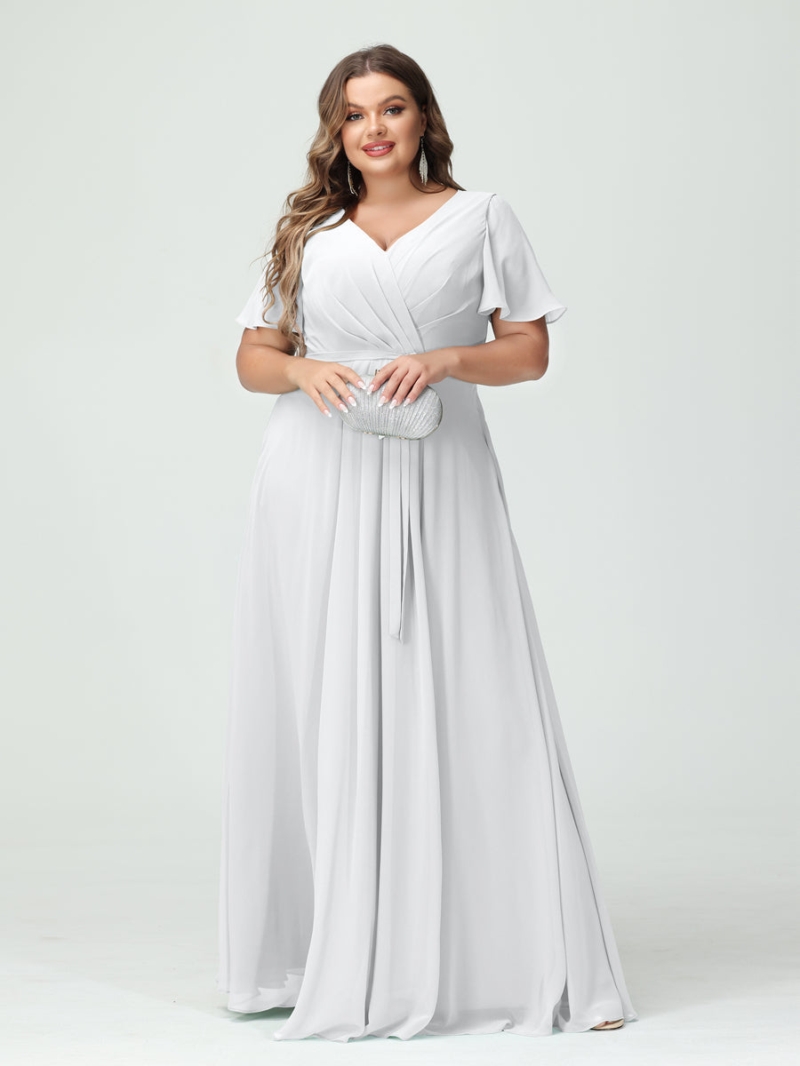 A-Line/Princess V-Neck Short Sleeves Chiffon Split Side Plus Size Bridesmaid Dresses with Pockets Belt White