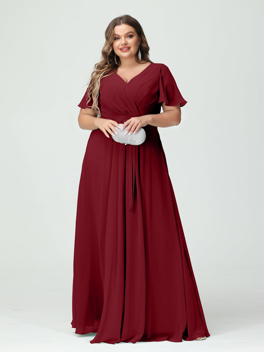A-Line/Princess V-Neck Short Sleeves Chiffon Split Side Plus Size Bridesmaid Dresses with Pockets Belt Wine Red