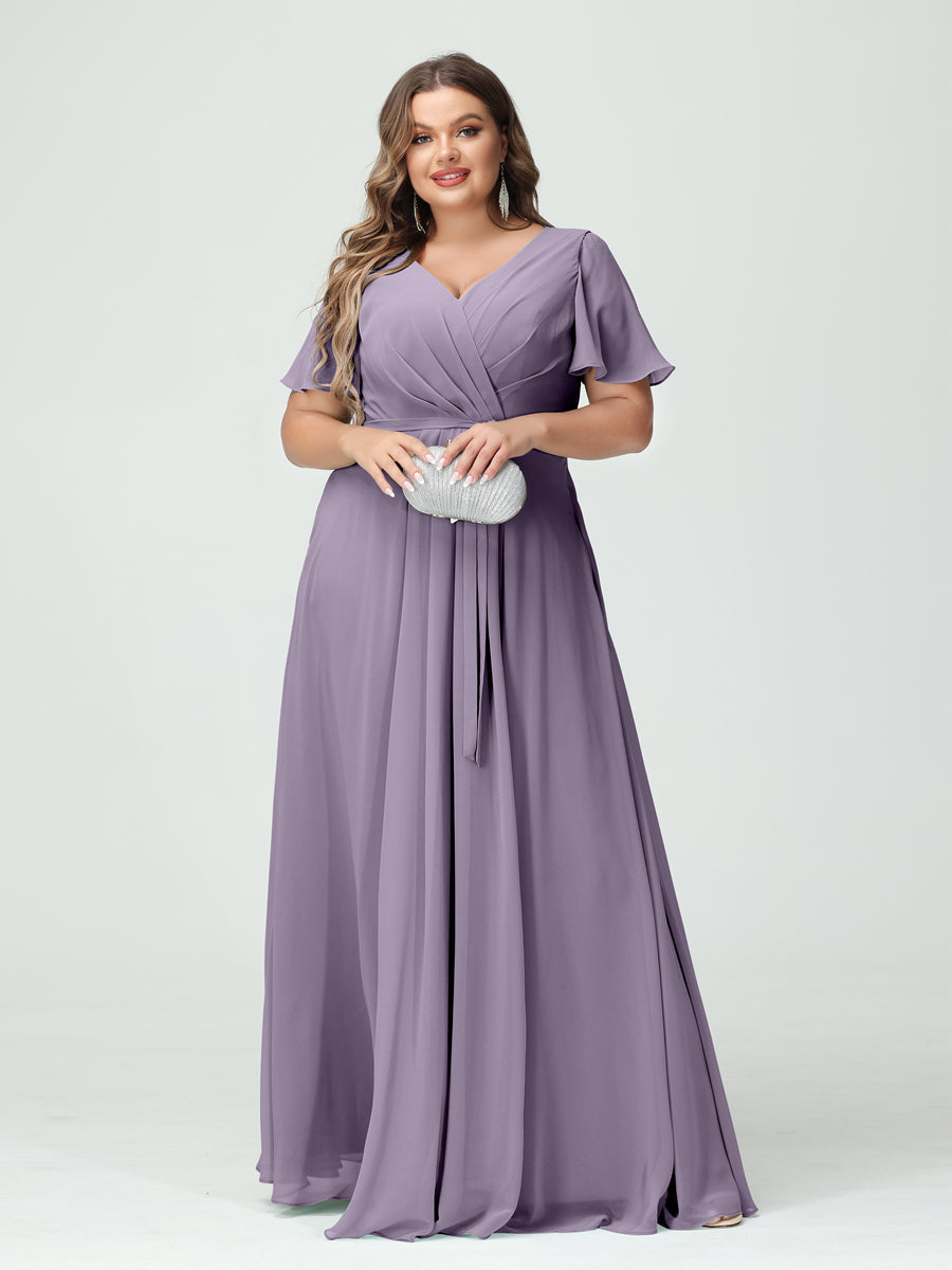 A-Line/Princess V-Neck Short Sleeves Chiffon Split Side Plus Size Bridesmaid Dresses with Pockets Belt Wisteria