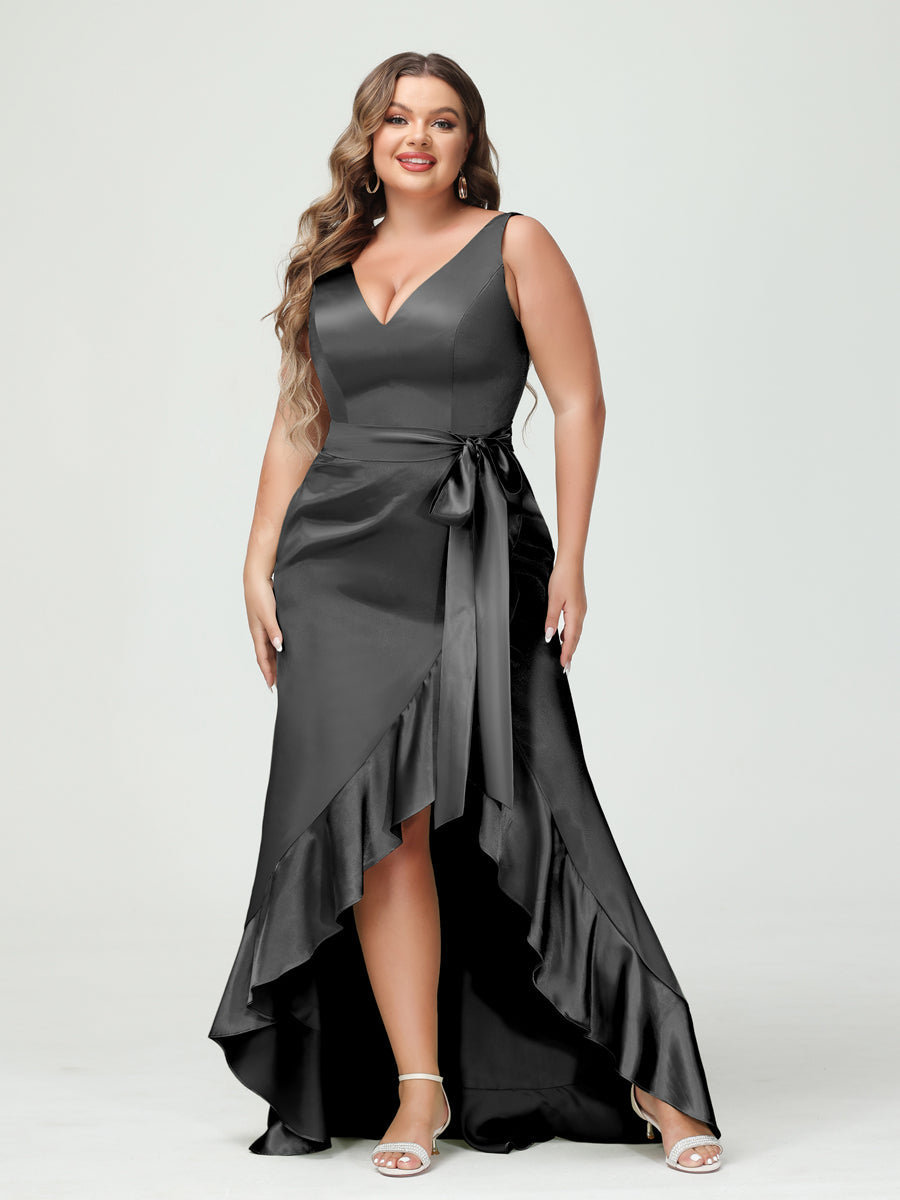 Sheath/Column V-Neck Sleeveless Ruffles High Low Plus Size Dresses with Pockets & Sash Black
