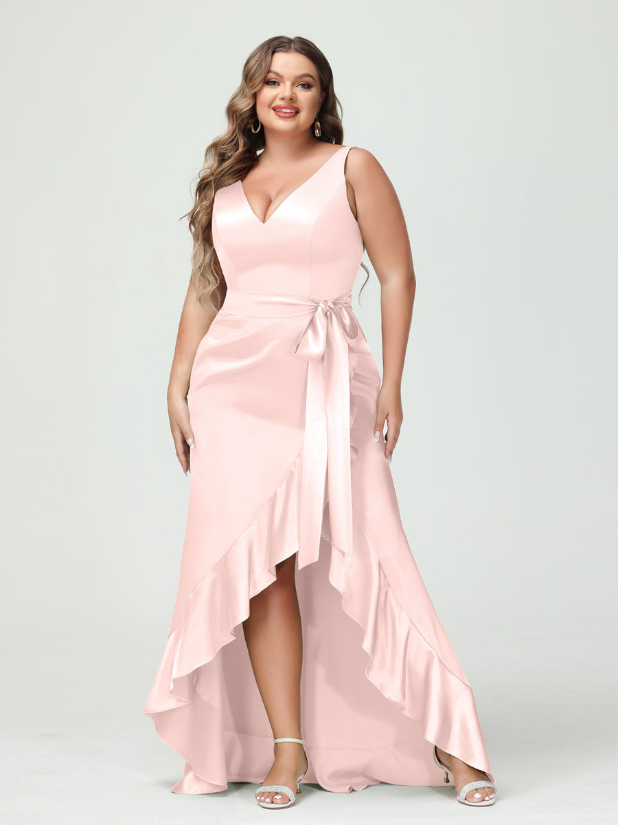 Sheath/Column V-Neck Sleeveless Ruffles High Low Plus Size Dresses with Pockets & Sash Blush Pink